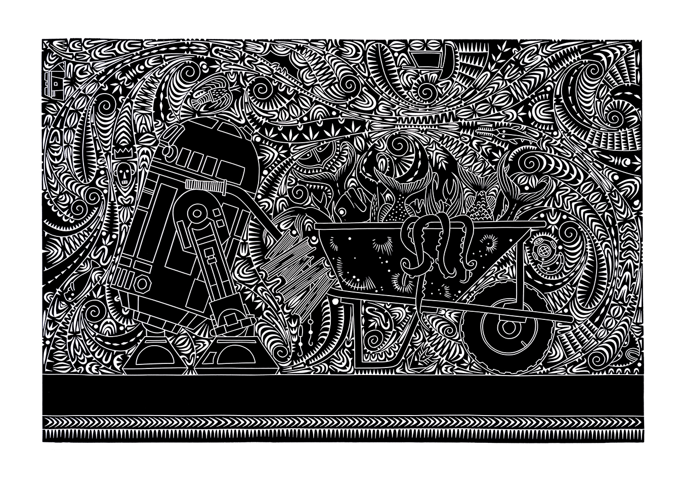 A woodblock print of a robot character.