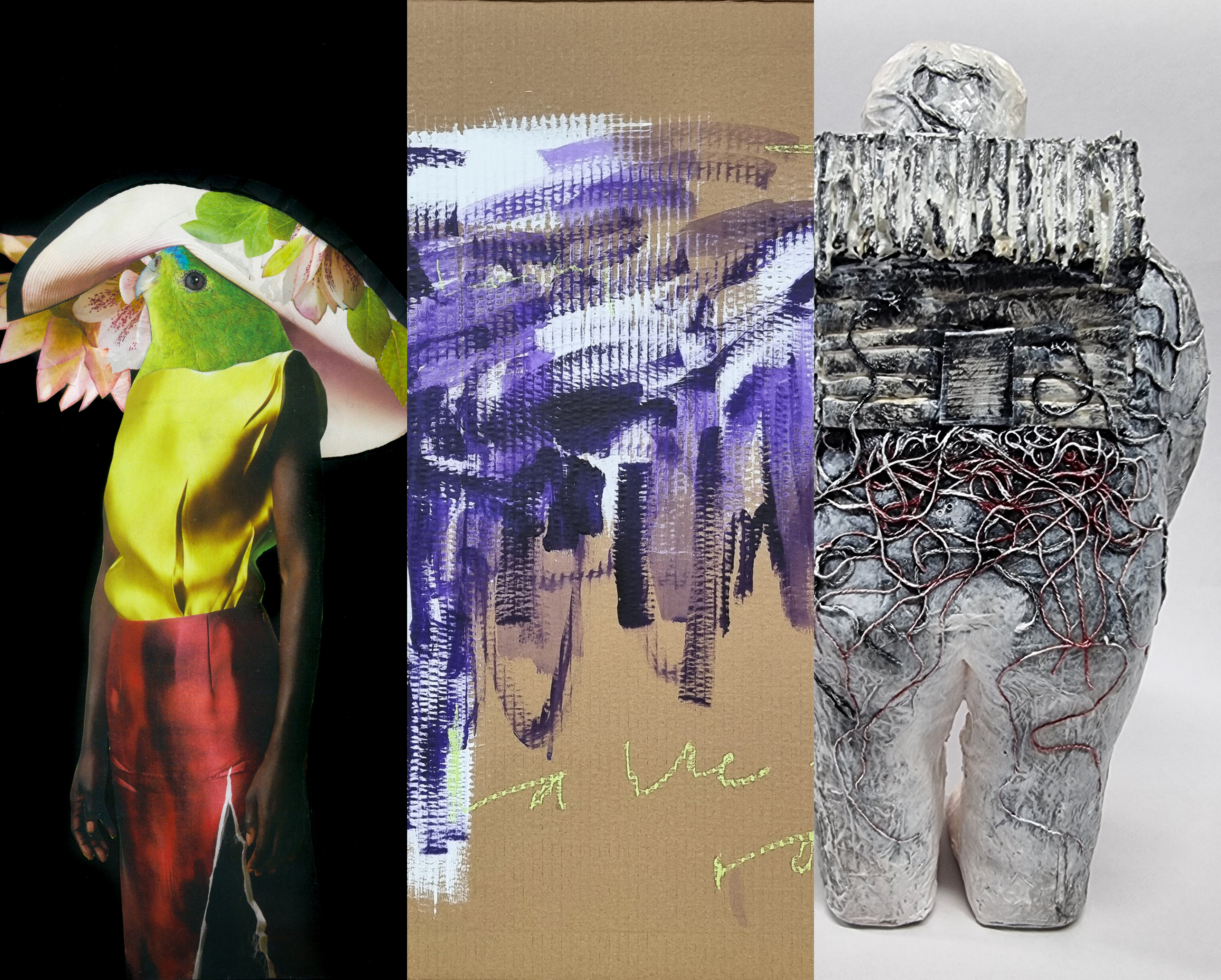 Composite image of three artworks by Sandra Chambers, jmcappelletto, Emma Morris