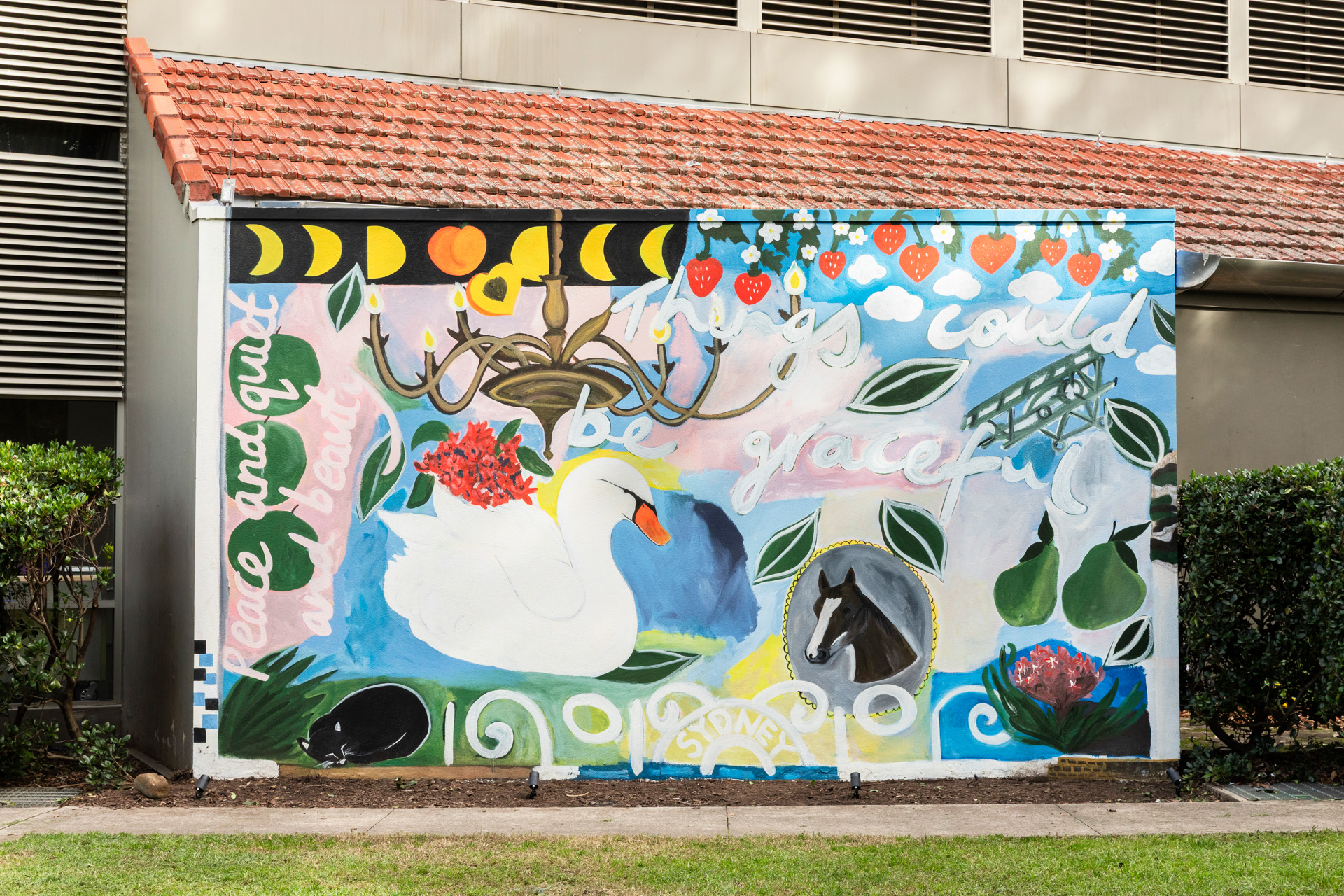 A dreamy mural featuring a swan, a horse inspired by the Hazelhurst gardens.