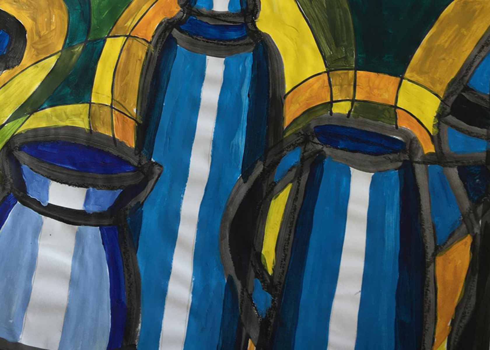 An abstract painting in black, blue, yellow and green.