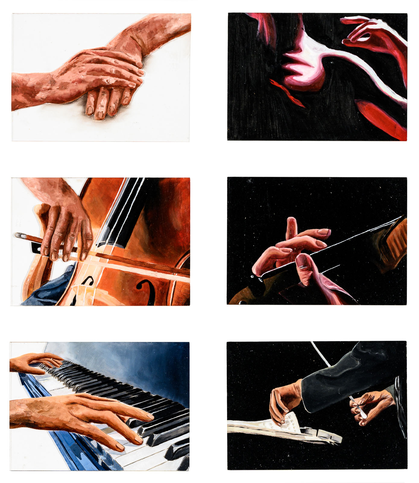 Six hand painted frames of hands playing different parts of orchestral music.