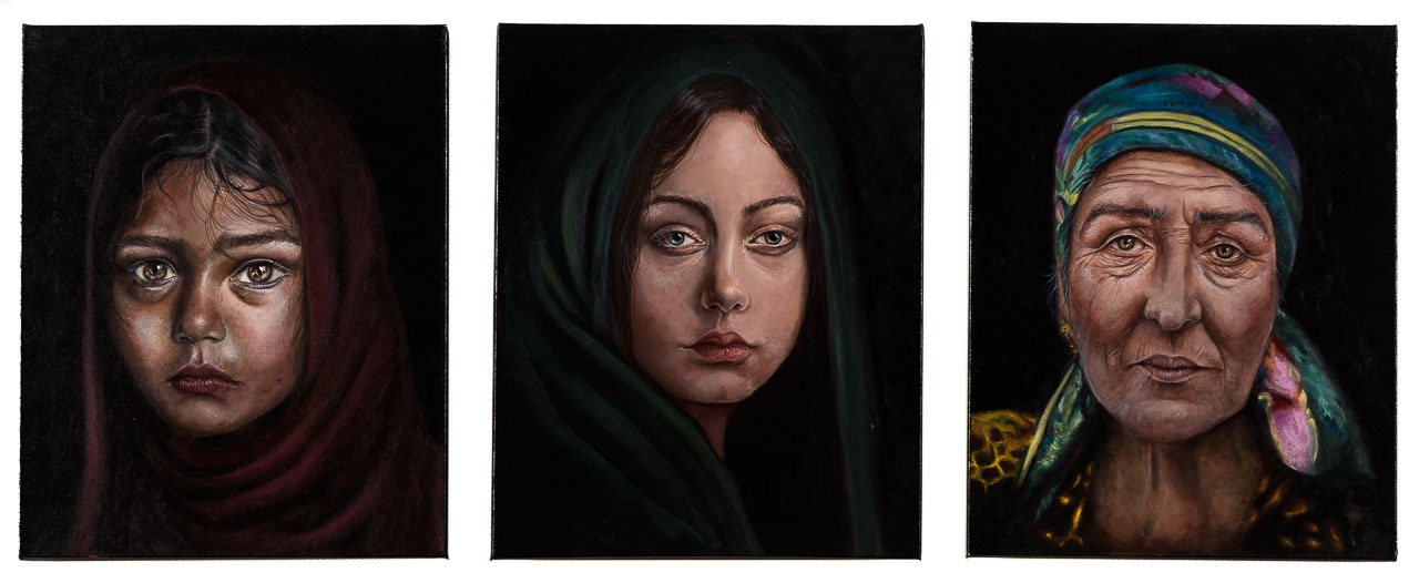 Three portraits of female faces, a child, a woman and an old woman, all of middle eastern appearance. They are all wearing head coverings and the background of each portrait is very dark.