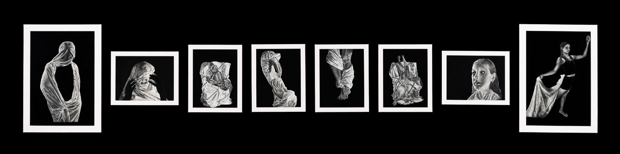 A series of eight drawings of different shapes and sizes of a draped figure on a black background.