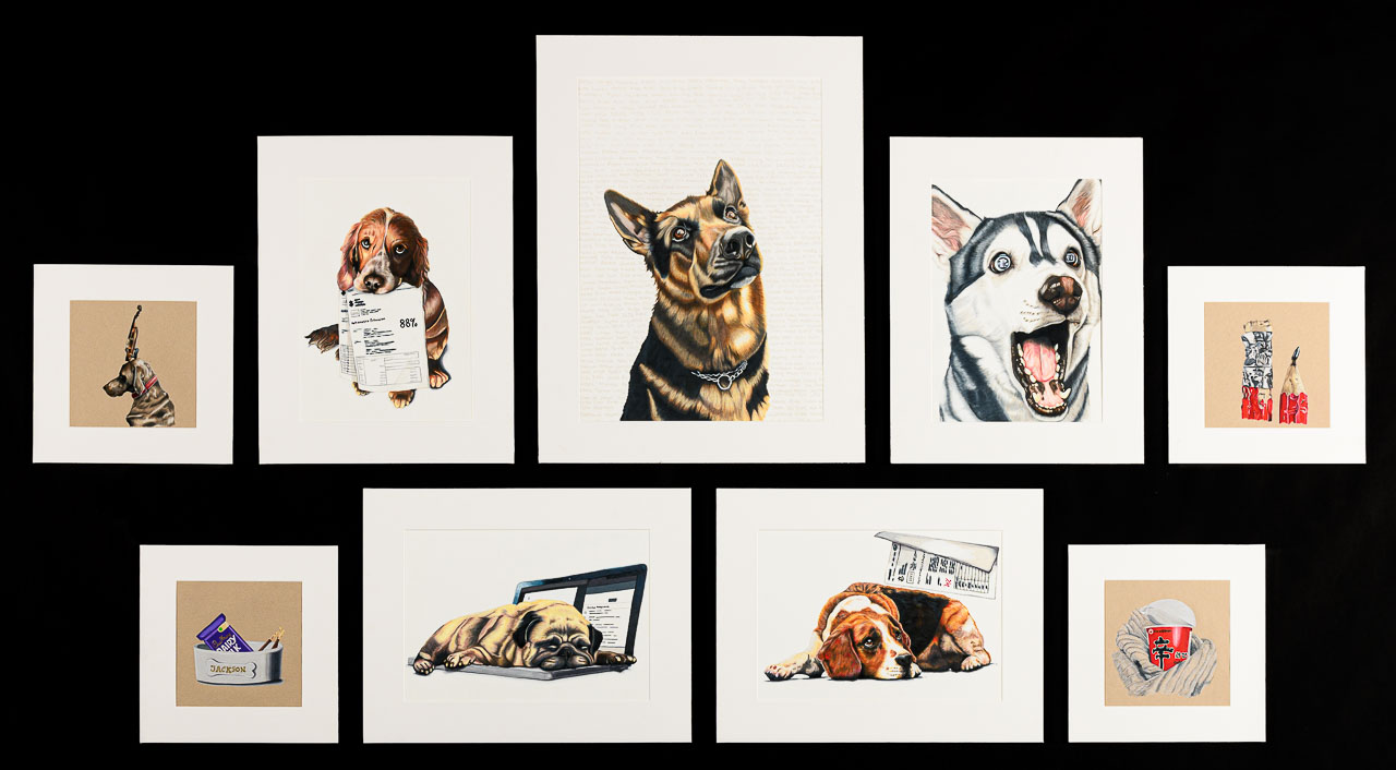 A series of nine colour pencil drawings. The five main drawings depict dogs, with four smaller drawings depicting items from the students life like a chewed pencil and cup noodles.