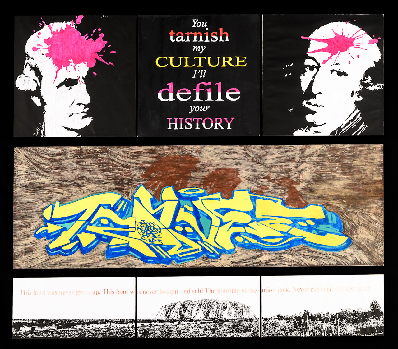 A series of drawings showing Caption Cook with splotches of paint, a graffiti tag and Uluru accompanied by the words "You tarnish my culture I'll defile your history".