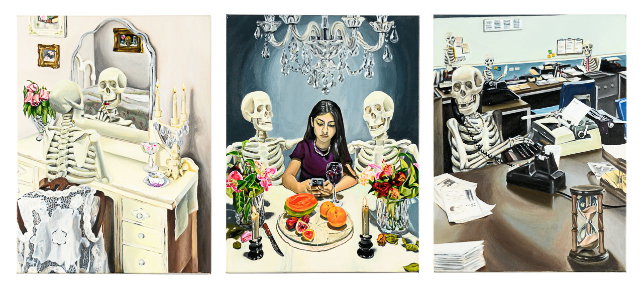 Three paintings of equal size, the one on the left shows a skeleton sitting at a vanity mirror, the central one shows a girl with dark hair sitting between two skeletons at a dinner table, and the right hand one shows a skeleton sitting at a desk with a typewriter and an hour glass.