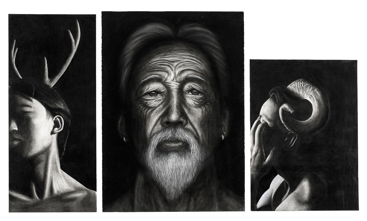 Three dark charcoal drawings, the panel on the left features a person with deer antelrs, the central panel is the weatherd face of an old man, and the panel on the right shows the profile of a man with rams horns.