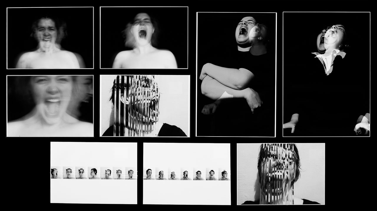 A series of distotred black and white photographic portraits of a screaming female face.