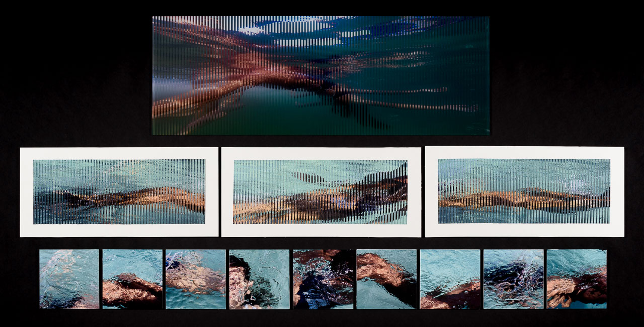 A series of photographs of a person swimming in a swimming pool overlayed with perspex to create a linear rippled effect.