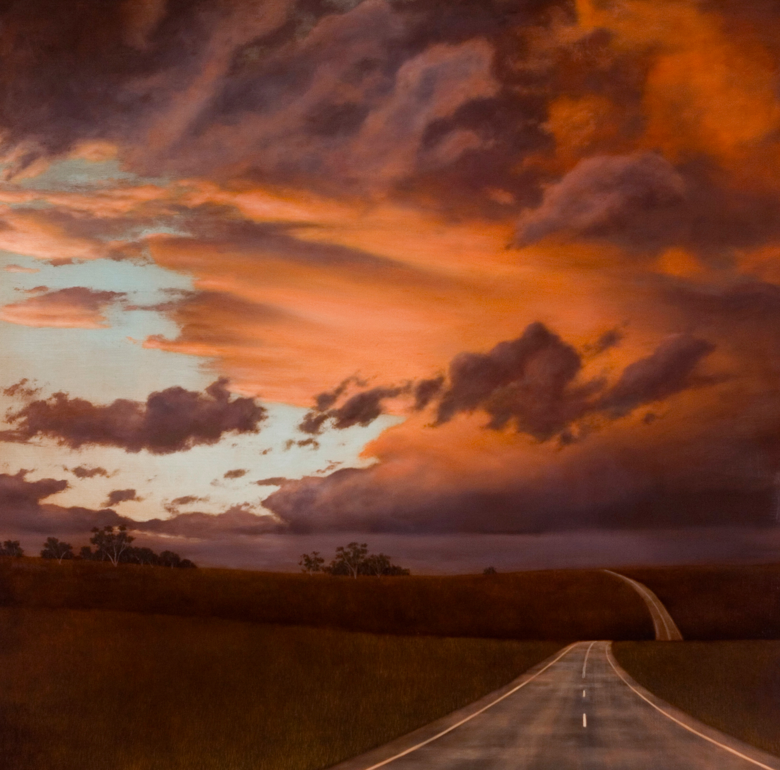 A square oil painting of a rural road at sunset by artist Jason Benjamin.