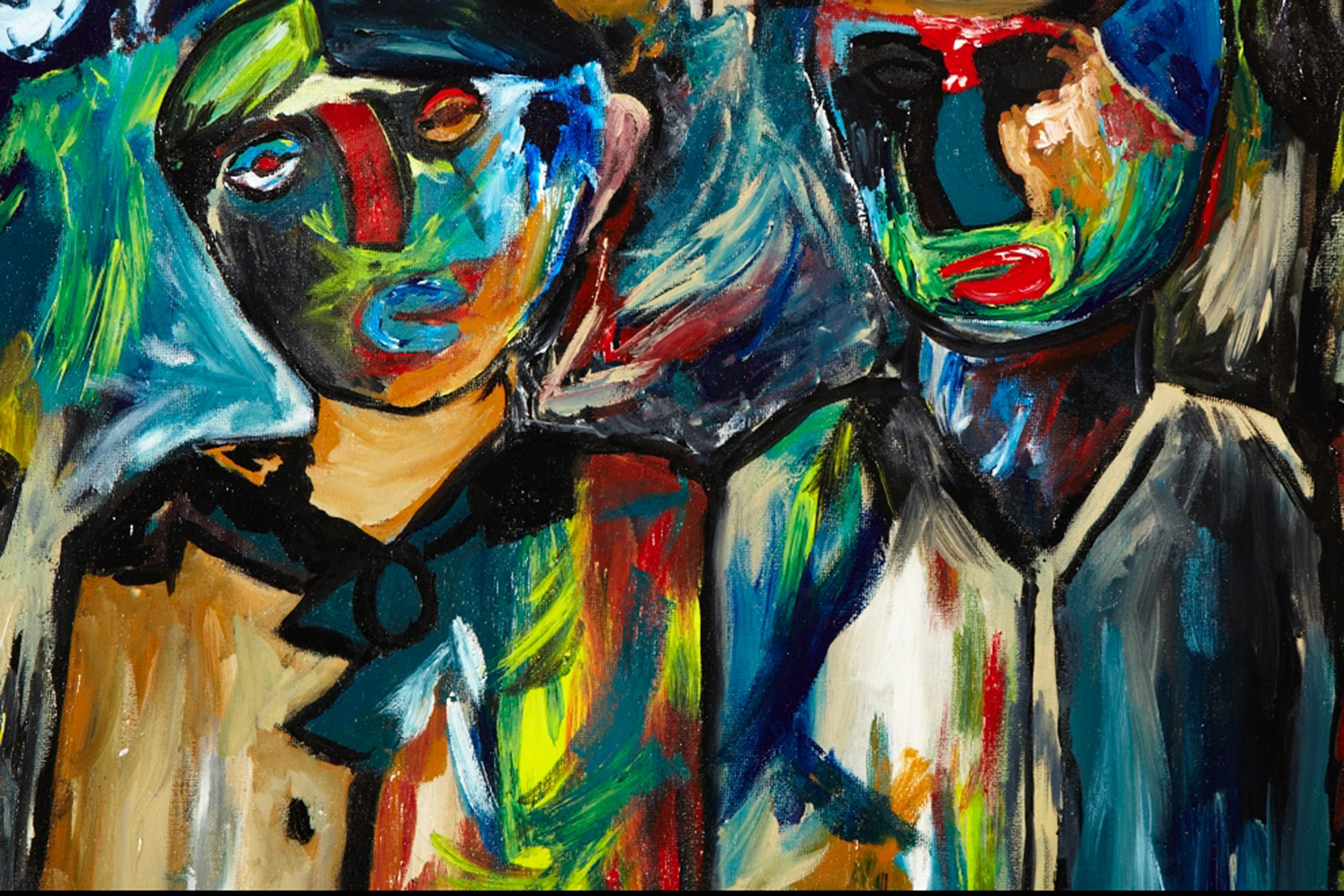 Brightly coloured portrait of two people in the style of Chagall.