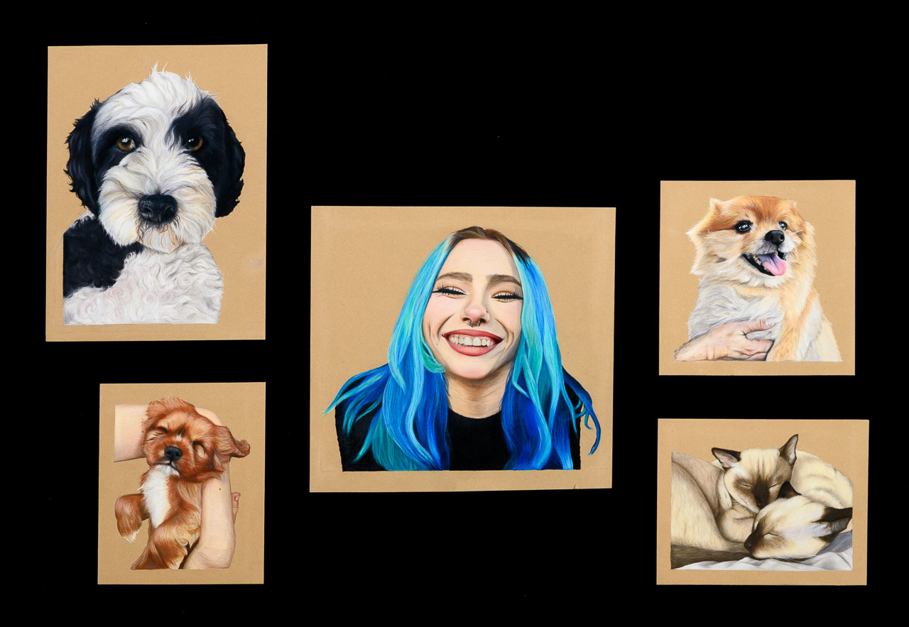 A drawing of a smiling blue-haired girls and four drawing of domestic pets - three dogs and one cat.