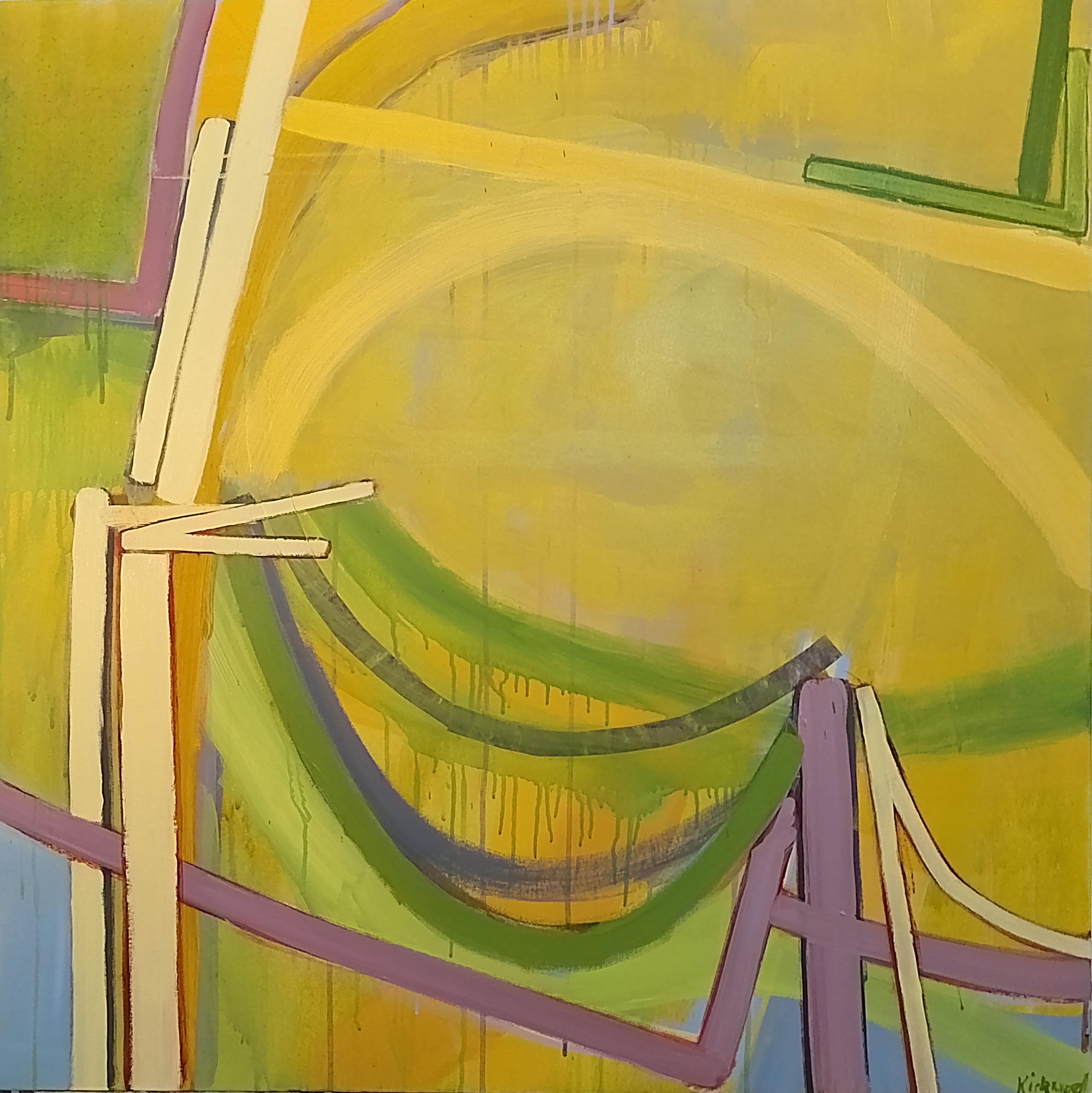 An abstract work of intersecting straight and curved lines in yellow, green and mauve on a yellow background with patches of blue at the edges.