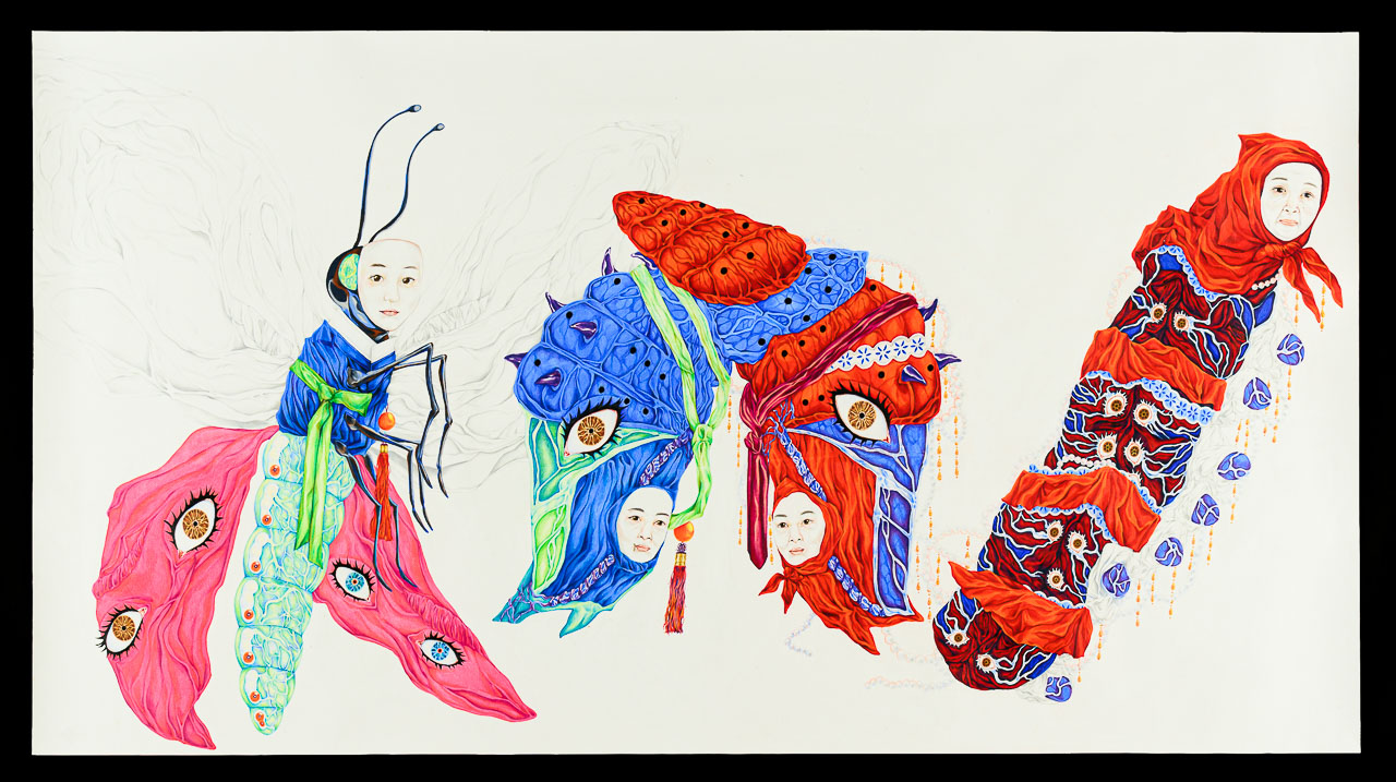 A large coloured pencil drawing of four human-butterfly hybris figures with eastern European influenced patterns and clothing..