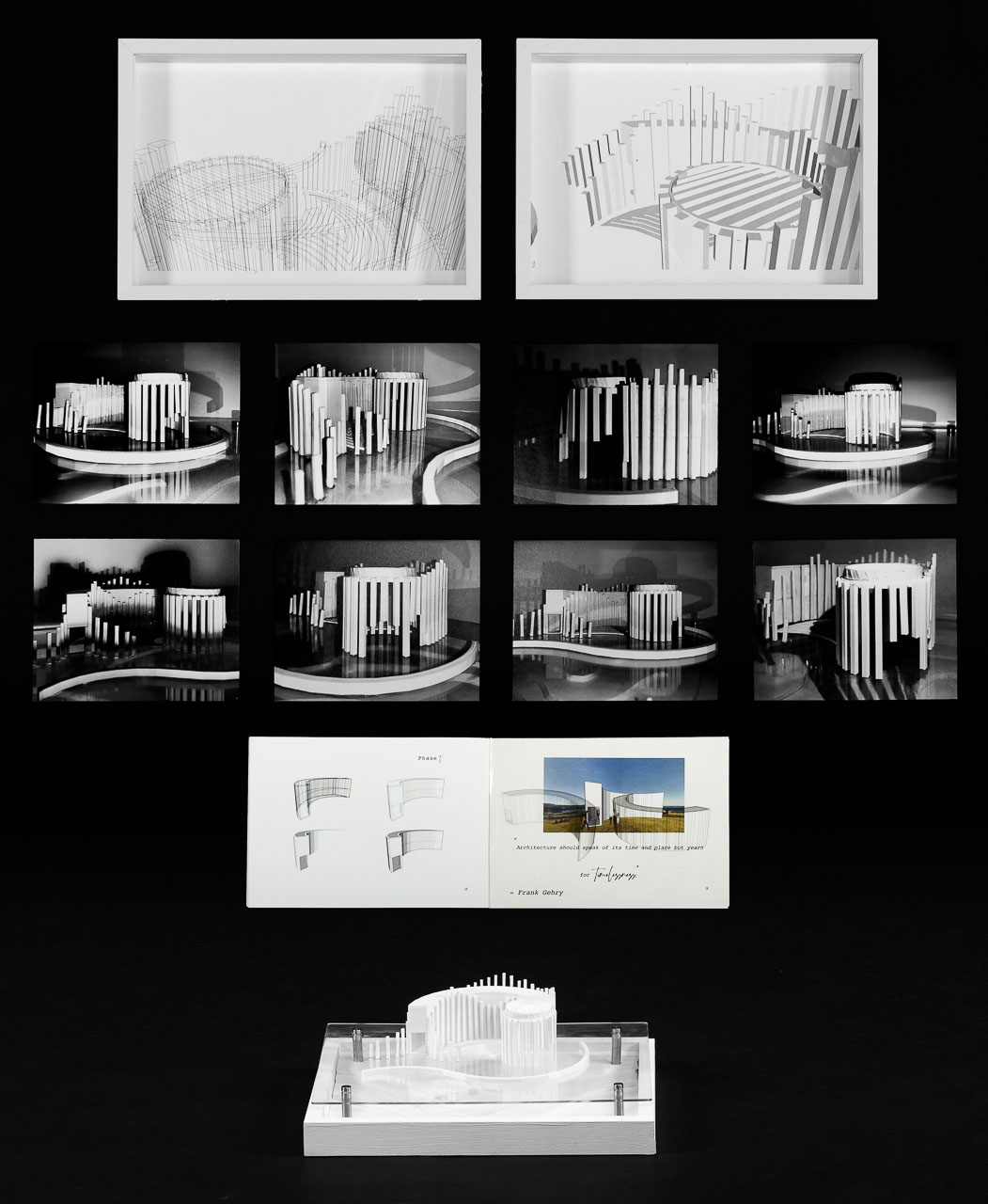 A body of work featuring several 3D printed architectural models, photogrphs and drawings.