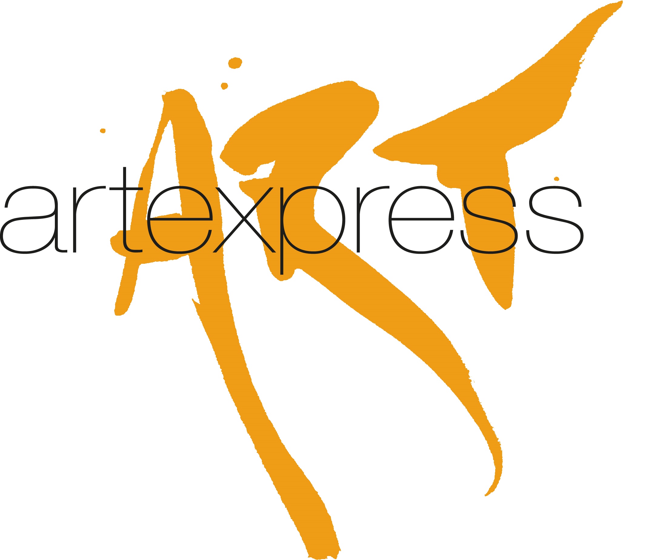 An artistic orange brushstroke design forms abstract shapes on a white background. Overlaid on the design is the word "artexpress" in a sleek, modern black font. The orange brush strokes appear dynamic and free-flowing, with splatters and tapered ends.