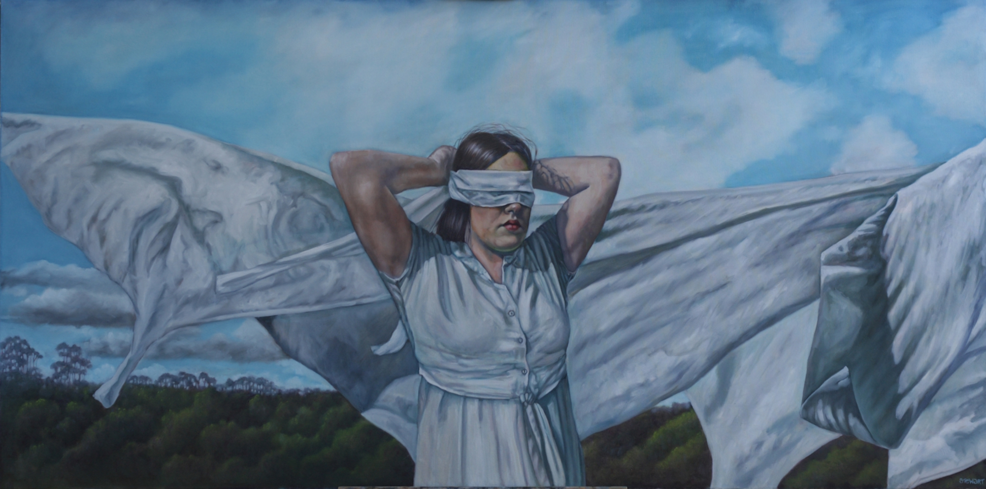A painting of a woman standing outdoors, she is wearing a white dress and her arms are raised holding a white blindfold across her eyes. There are clouds in the blue sky and green foliage in the background. There is also a white billowing sheet behind her.