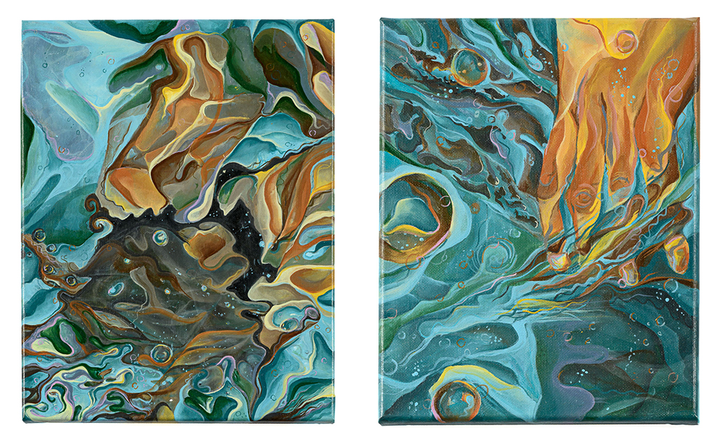 Two paintings that evoke a swirling, rolling, under the waves feeling in colours of blue, green and gold.