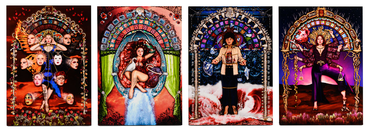 Four images featuring female figures, each drawing elements from different religious icons and iconography.