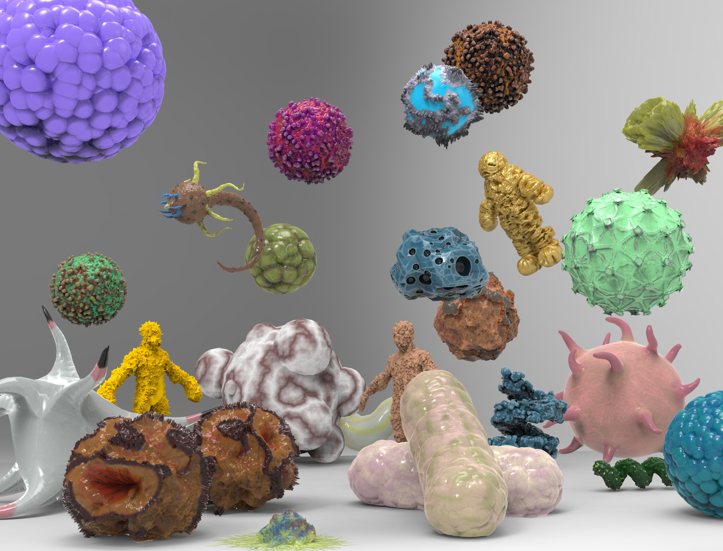 A computer generated image of microbes floating through the air.