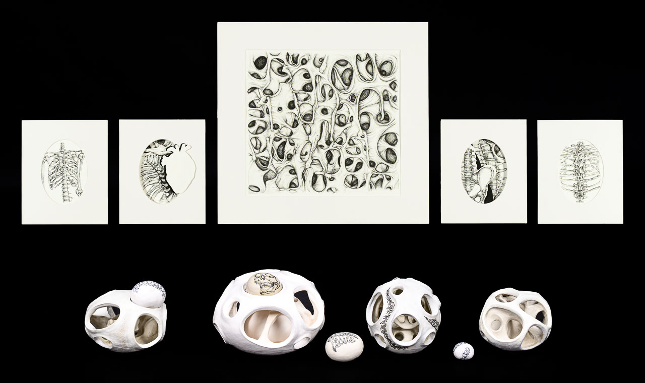 A series of spherical ceramic shapes with large open holes that reveal internal cellular structures. The work also incledes small stone like items adorned with drawings on parts of the human skeleton and five drawings also of parts of the skeleton.