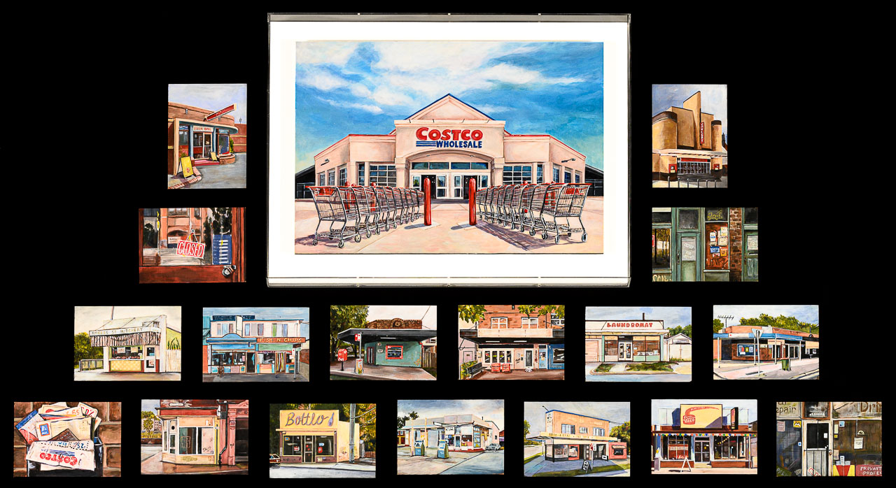 A series of small paintings of small local businesses that have shut down surrounding a large painting of the facade of a Costco building.