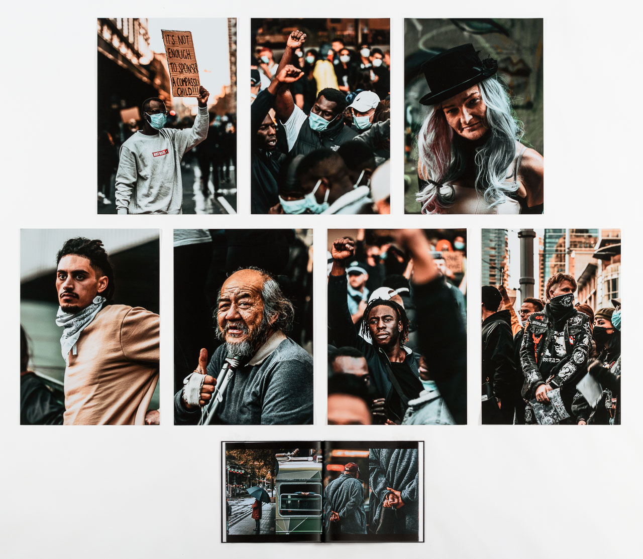 A series of eight photomedia works of a range of different people at a protest.