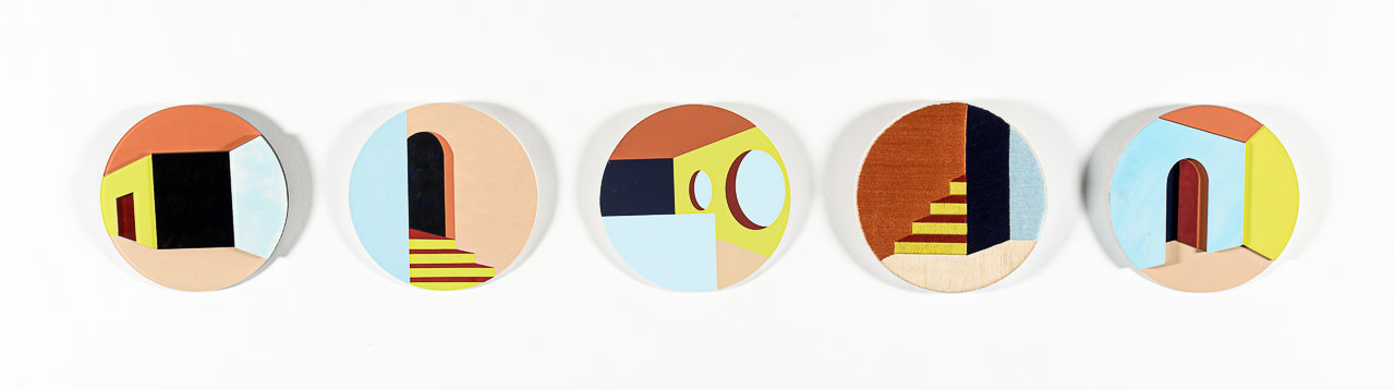 A series of five circular paintings showing architectural interiors in flat planes of bright colours.