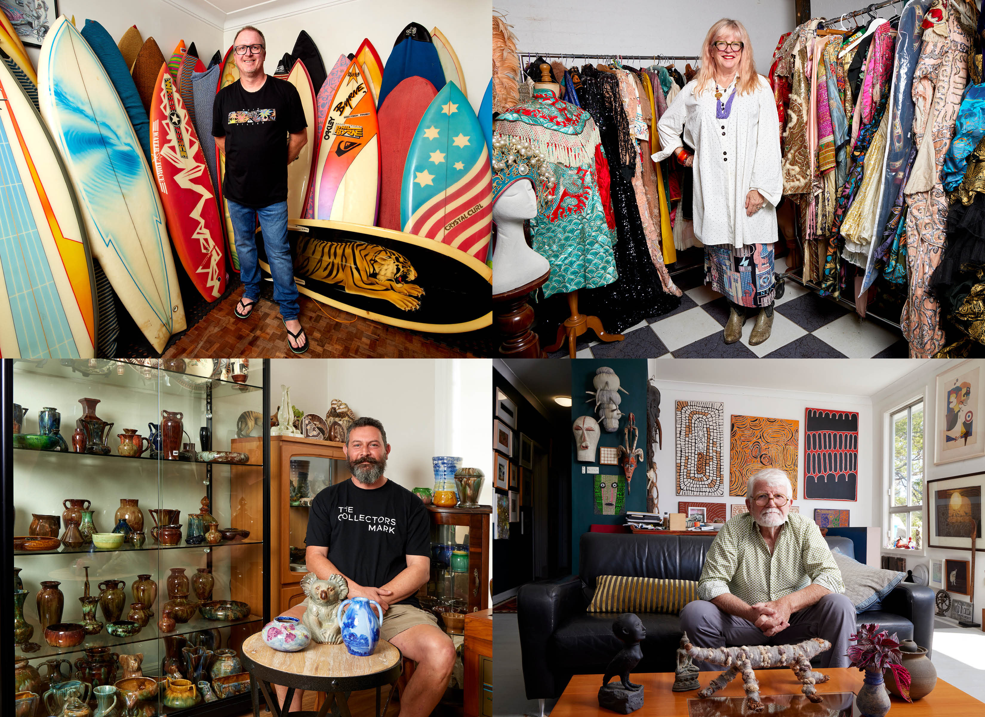 Composite image of four key collectors, clockwise from top left: Adam Scard with surfboard collection; Glennis Murphy with vintage fashion collection; Graham Blondel with contemporary art collection; Michael Vardakis with vintage Australian pottery collection.