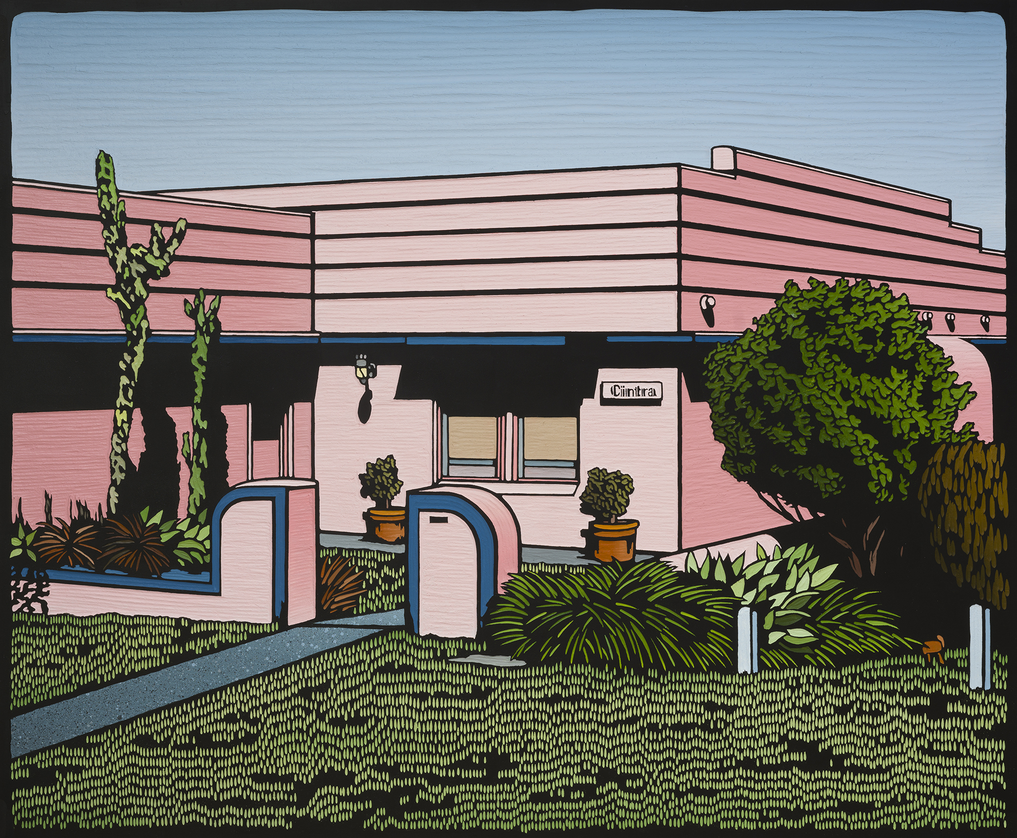 Artwork by Christopher Zanko showing the exterior of an art deco home.