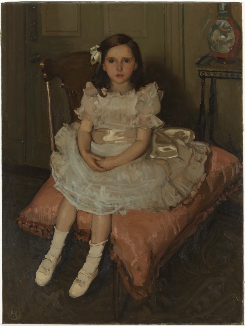Painted portrait of a young girls in a frilly light coloured dress, sitting on a large cushion on a chair by artist Hugh Ramsay.