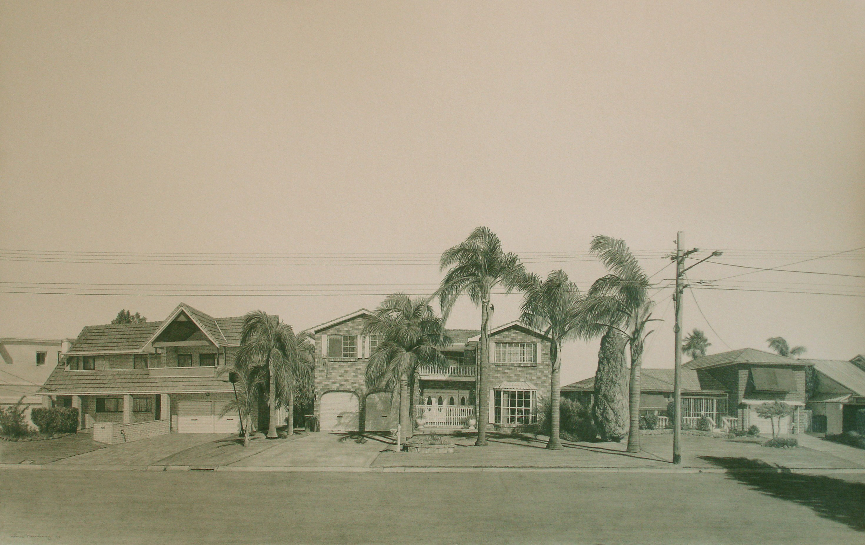 A pencil drawing of a home in a residential street with three tall palm trees in the front yard by artist Luis Martinez