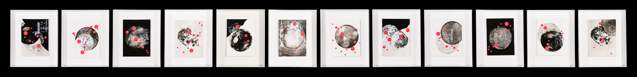 Twelve etchings in black and grey of planets, highlighted by bright pinkish circles in different placements.