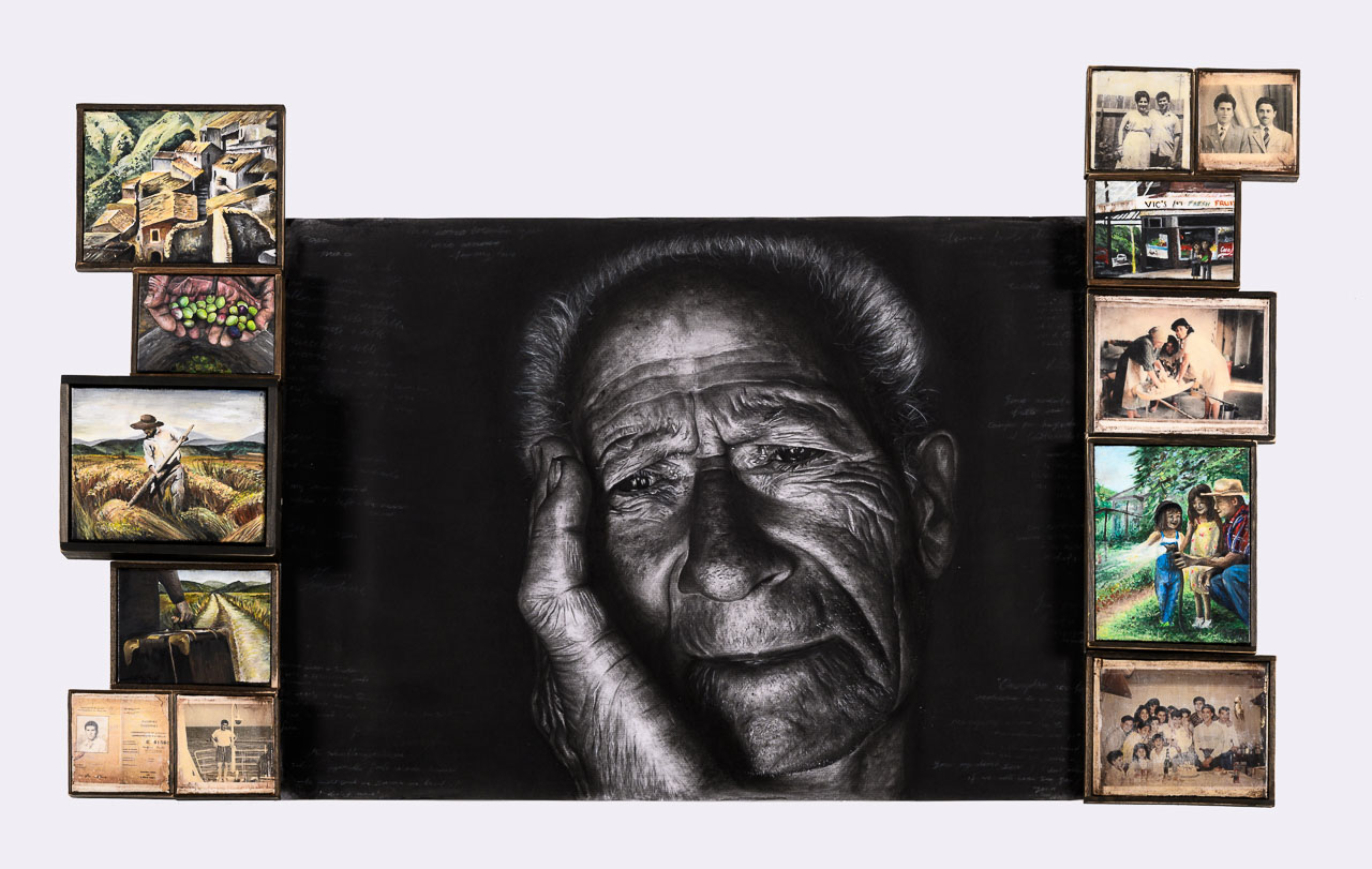 A large charcoal drawing of an old man's face surrounded by smaller paintings of scenes from his life.