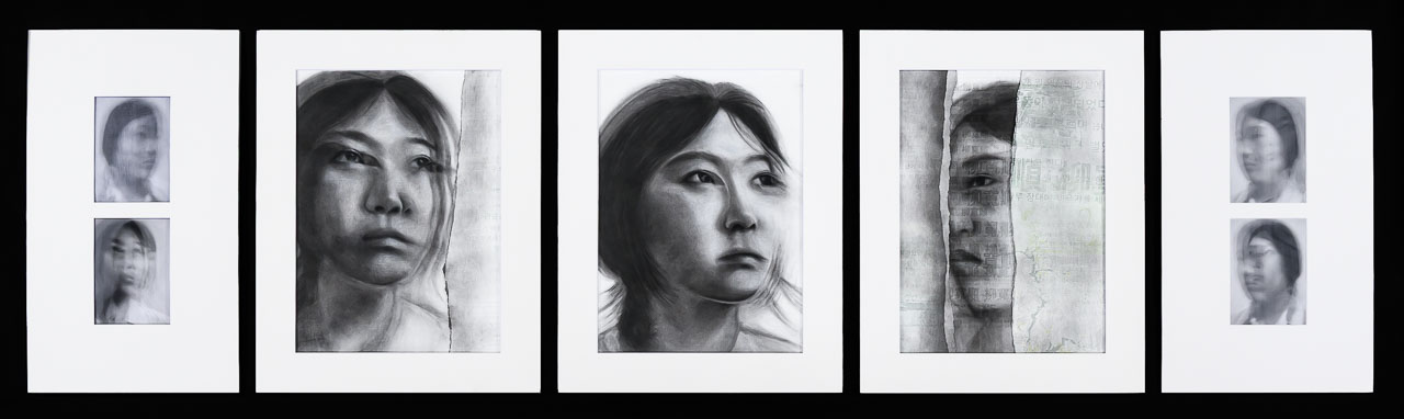 Seven monochromatic portrait-based drawings arranged in a sequence, featuring layered textures and abstract text rectangular overlays.