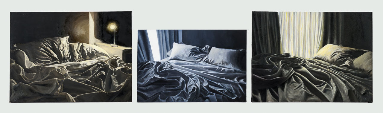Three paintings of unmade beds with rumpled sheets in dimly lit rooms, featuring soft light from a lamp and curtains.