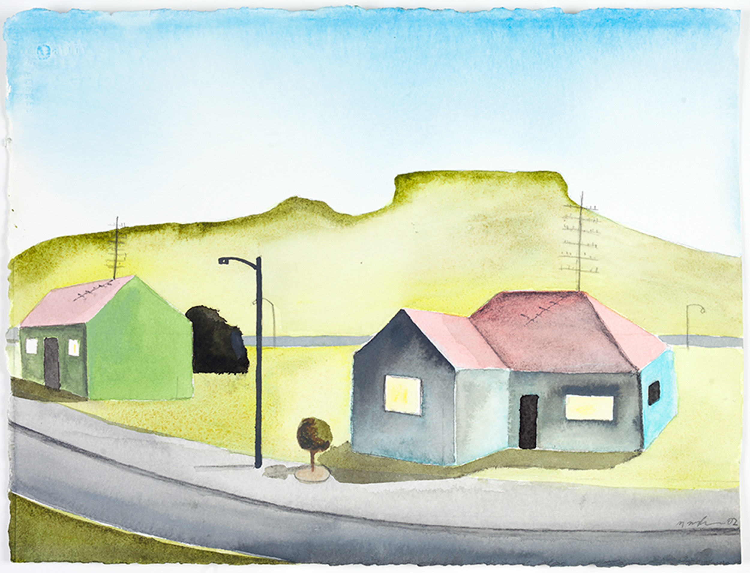 Small scale watercolour artwork depicting a simple suburban street scene, with the outline of the Illawarra escarpment in the background. There are two homes, one is green and the other is blue, they both have red roofs. The road is great and curves infront of the homes and there is a small tree and black lamp post between them.