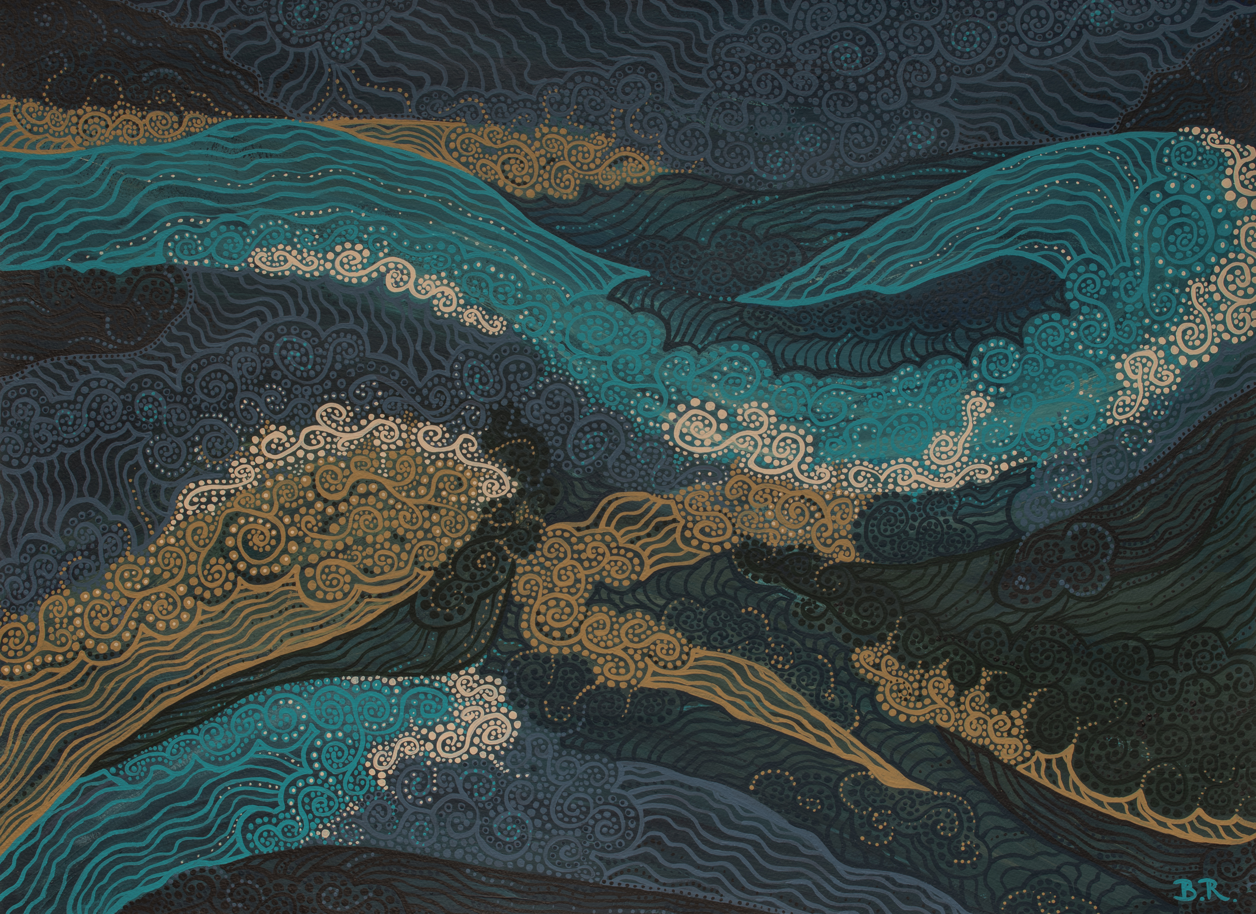 A heavily detailed drawing on a dark background of rolling and swirling wave-like shapes in rich blue, aqua and gold colours.