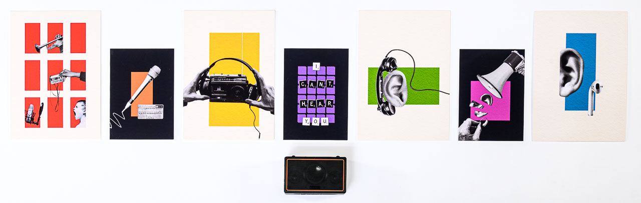 Seven brightly coloured graphic works showing experiences of sound. The work includes audio which is played on a vintage radio.