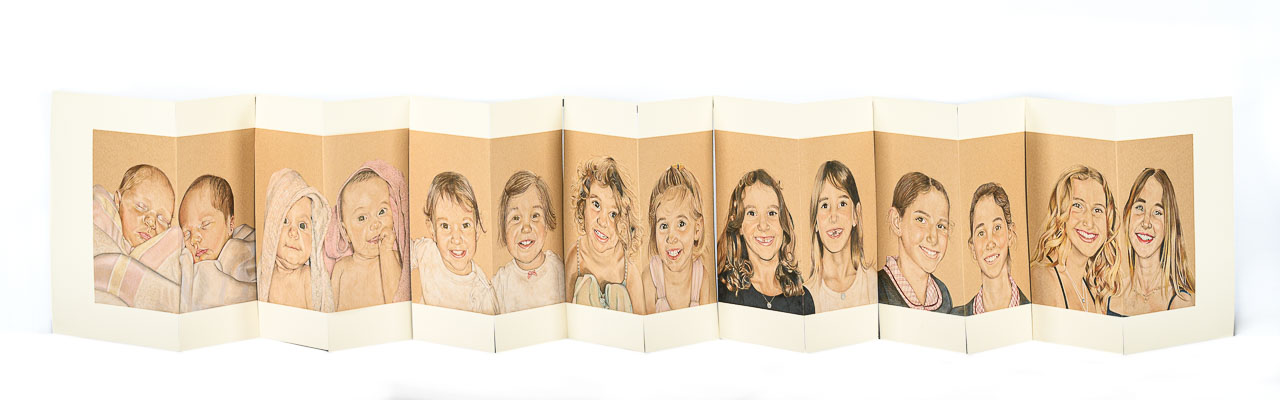 A concertina foldout of drawings of the artist and her twin sister from birth to their current ages.