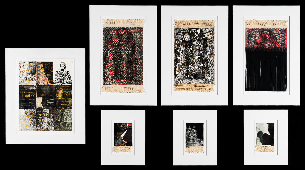 A series of four large and three small printmaking works showing the Buddhas of Bamiyan statues in Afghanistan in varying states of destruction..
