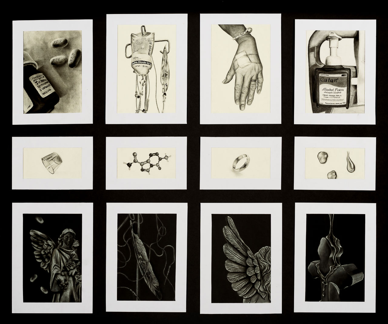 Twelve charcoal drawings of medical objects, human cells and angelic figures.