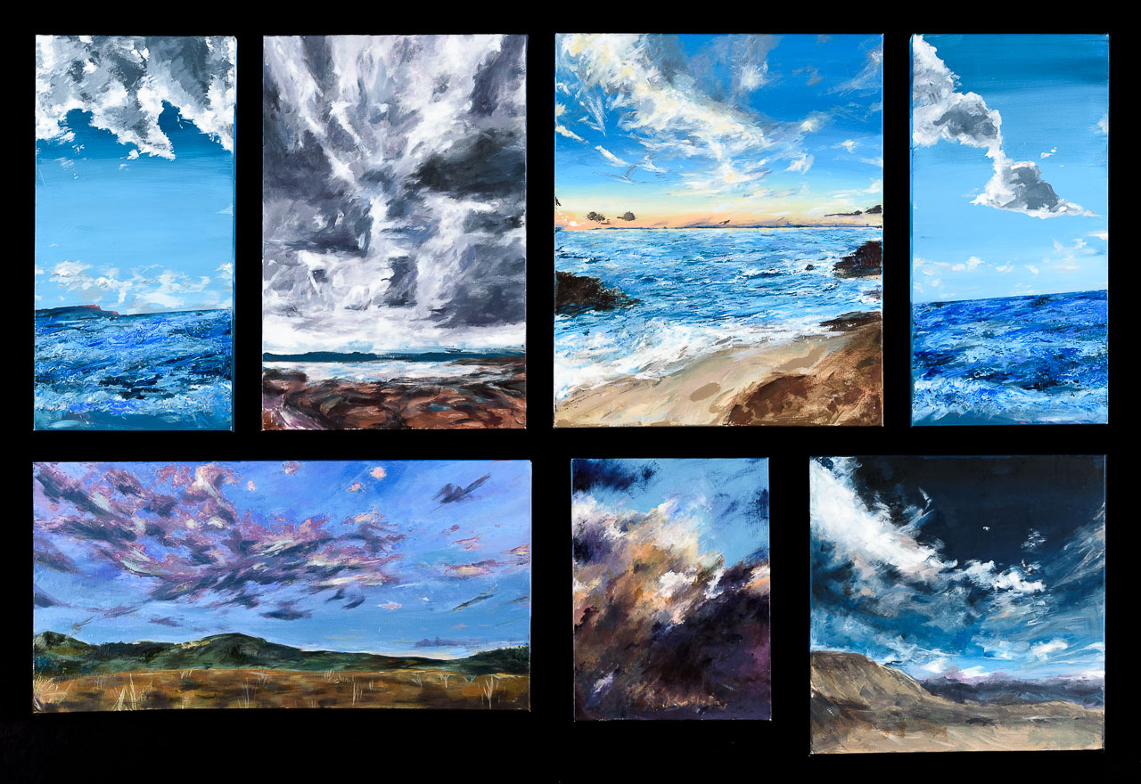 A series of seven paintings of differing sizes depicting blue skies with different cloud formations over a range of coastal and rural landscapes.