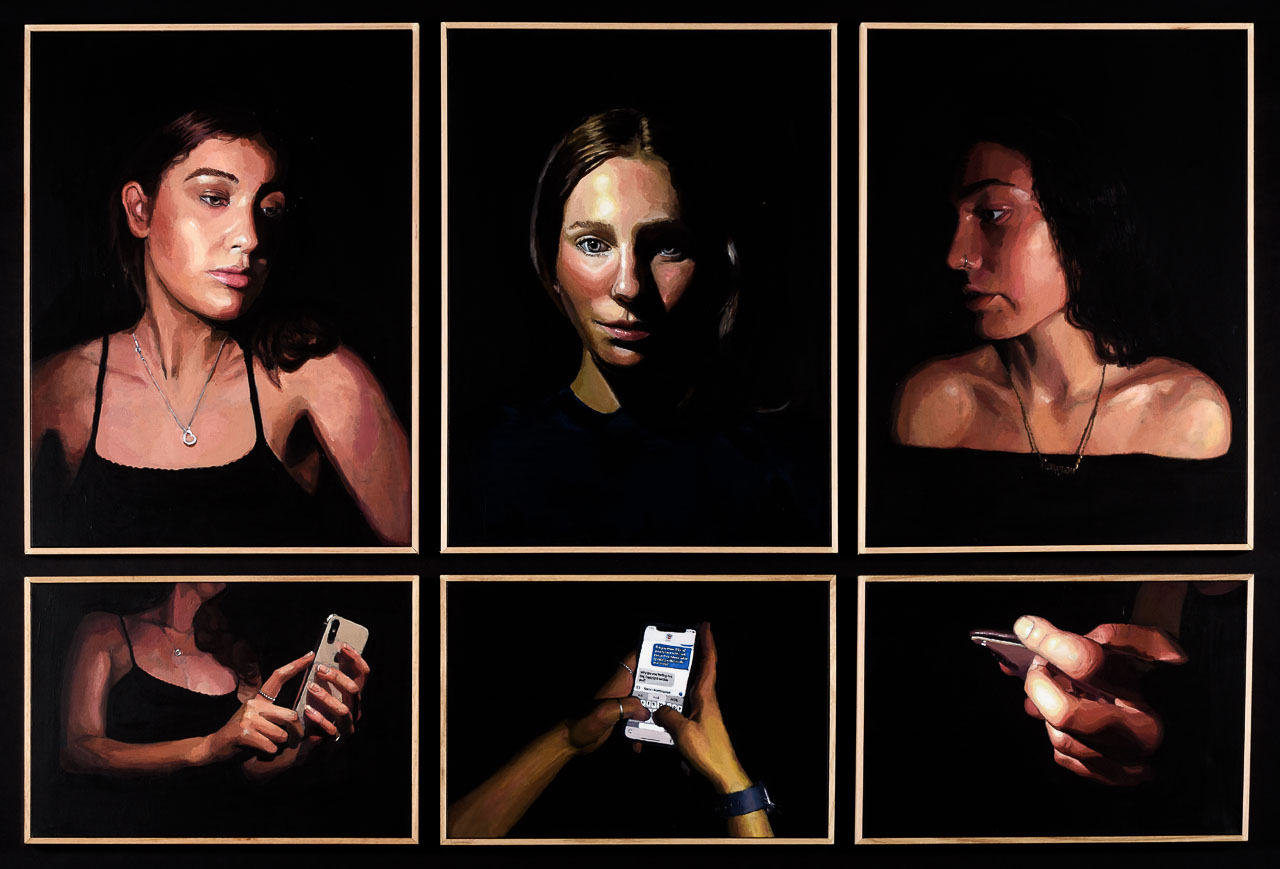 A sereis of six paintings. The top row of paintings is three large dark and moody portraits of women. beneath them are three smaller landscape paintings of hands using mobile phones from different perspectives.