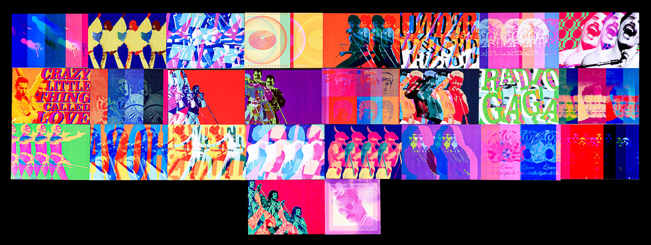 A many pnelled, colourful graphic design work featuring images of signer Freddie Mercury and imagery related to the band Queen.