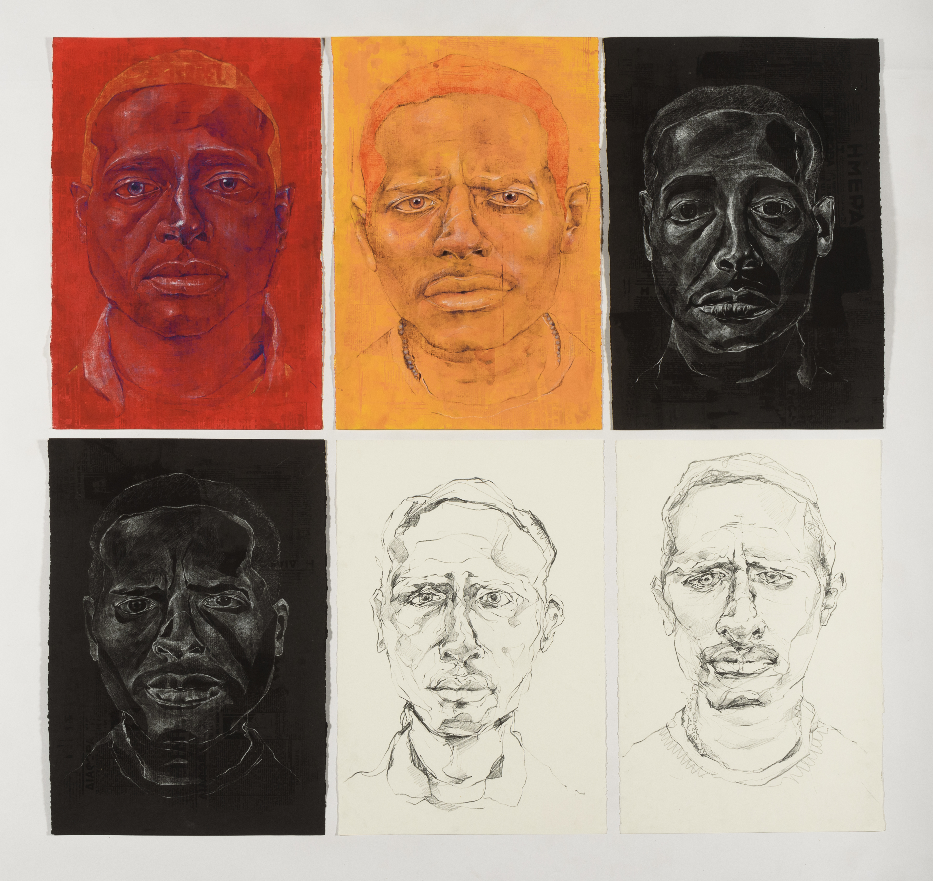 Six portraits of male faces, one on red, one on orange, two on black and two on white.