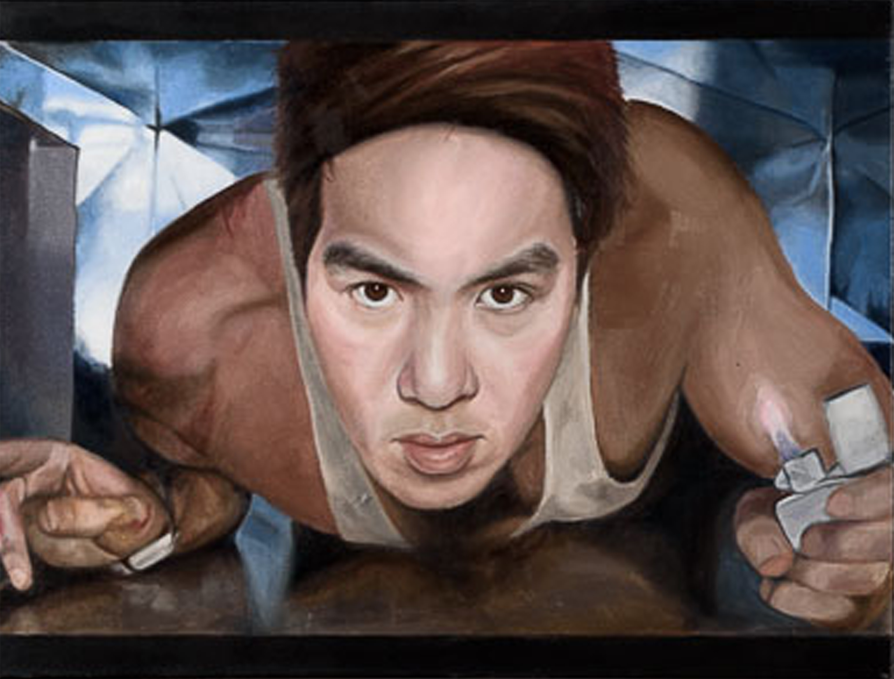 A painting of a person in the style of a character from the film Die Hard.
