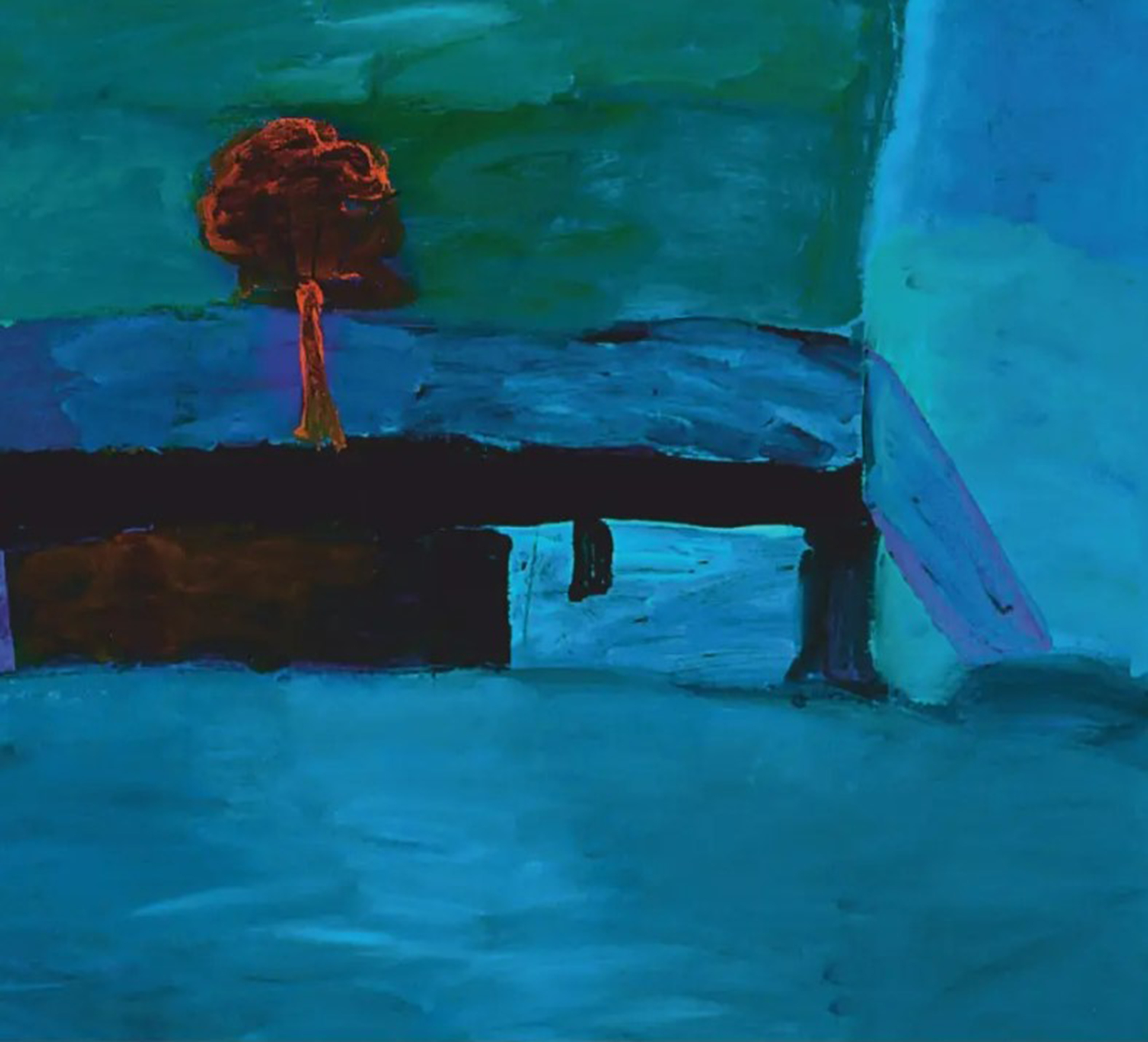 A square painting in blues and greens with a red tree shape atop a flat brown structure by artist Idris Murphy.