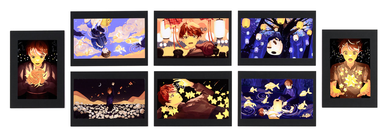 Eight artworks showing a character interacting with light and stars and fish.