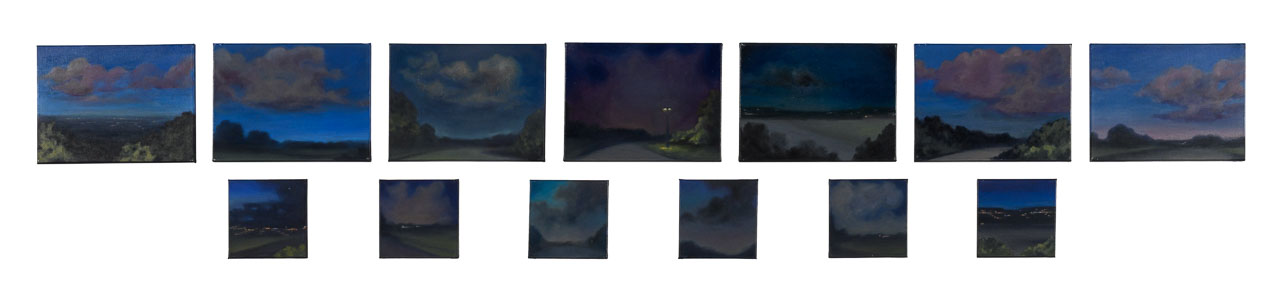 A series of paintings of the sky at dawn or dusk.